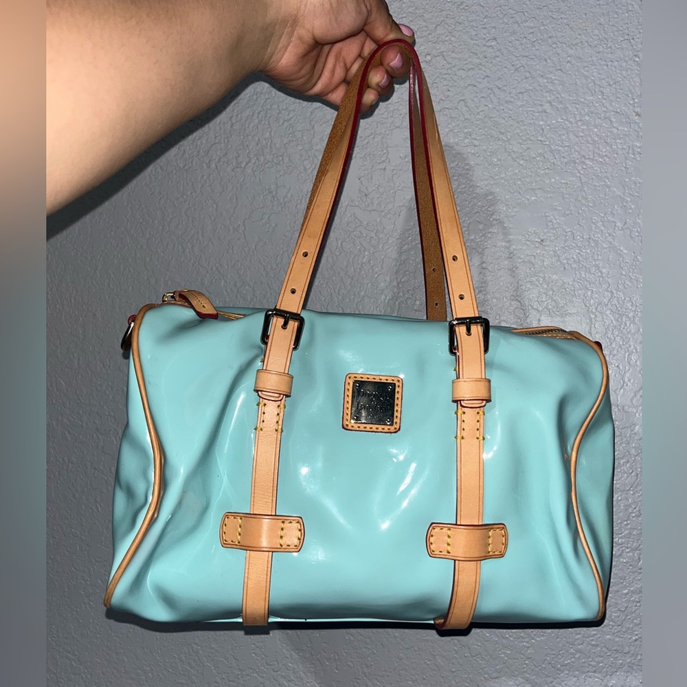 Dooney & Bourke Aqua Satchel with Tan Straps